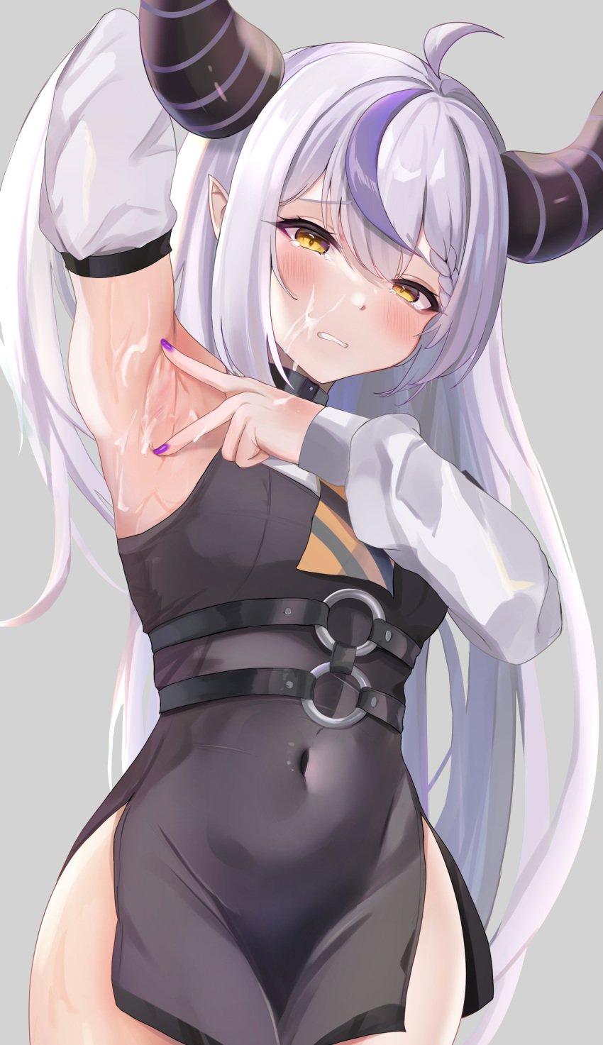 1girls absurdres ahoge ajirou arm_up armpits bangs belly_button black_dress black_hair blush braid clenched_teeth covered_navel cum cum_on_armpits demon_horns dress facial female grey_hair highres hololive hololive_japan holox horns la+_darknesss long_hair long_sleeves looking_at_viewer multicolored_hair nail_polish navel pointy_ears presenting_armpit purple_hair purple_nails sleeveless sleeveless_dress solo spread_armpit streaked_hair tearing_up teeth unhappy unhappy_female v very_long_hair virtual_youtuber yellow_eyes