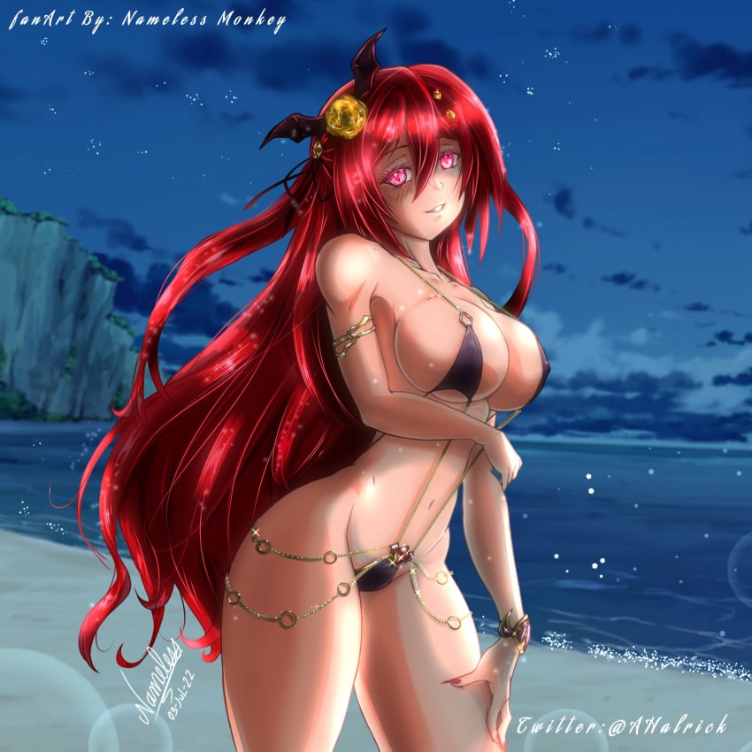 1:1 1girls 2022 artist_signature beach bikini detailed_background fanart female female_focus hair_ornament himea_d'almaria light-skinned_female light_skin long_hair long_hair_female nameless_monkey red_hair signature solo solo_female solo_focus text twitter_username virtual_youtuber wactor wactor_es wactor_production