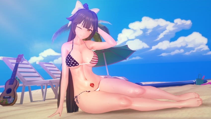 1girls 3d american_flag_bikini azur_lane barefoot beach bikini black_hair earrings feet gold_eyes heart_tattoo hoop light-skinned_female ponytail pubic_tattoo queen_of_hearts solo takao_(azur_lane) tattoo