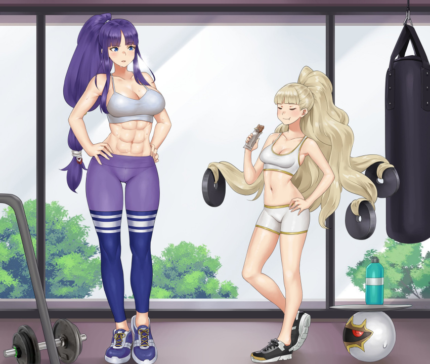 2girls abs alternate_hairstyle altina_(fire_emblem) bangs barbell bike_shorts blonde_hair blue_eyes blue_hair bottle breasts dumbbell eating eitri_(fire_emblem) female female_only fire_emblem fire_emblem:_radiant_dawn fire_emblem_heroes gym highres holding igni_tion long_hair medium_breasts multiple_girls navel nintendo orb ponytail prehensile_hair protein_bar punching_bag sports_bra sweat toned tray very_long_hair water_bottle wavy_hair