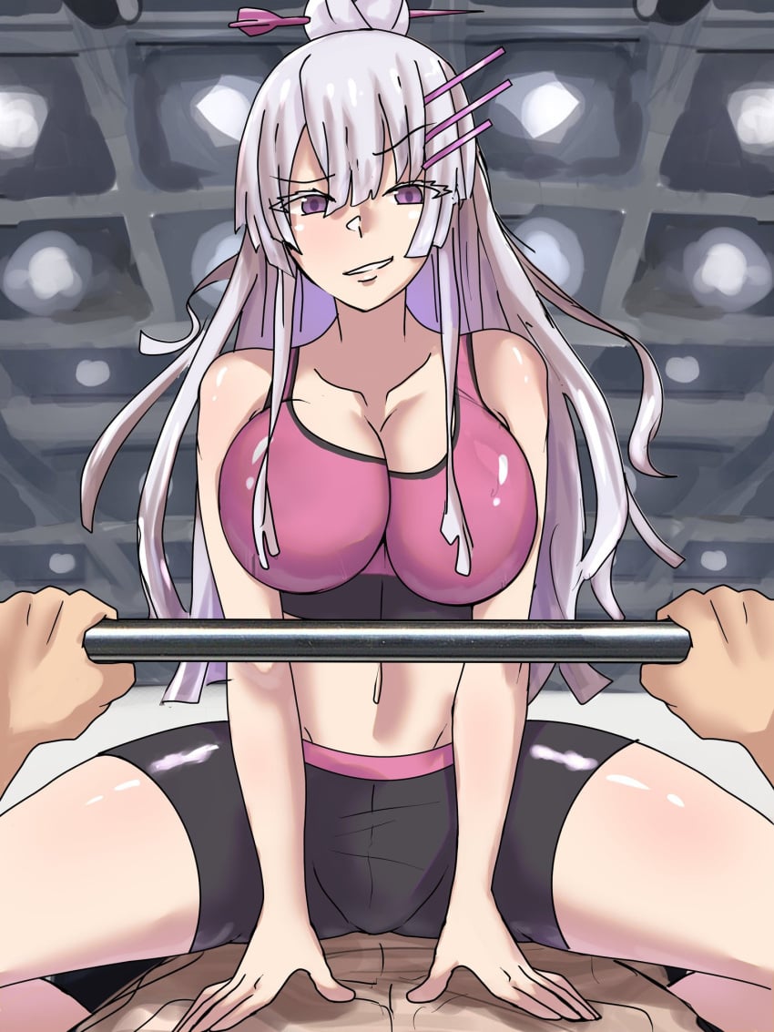 1boy barbell bike_shorts booty_shorts cleavage ebora female frolaytia_capistrano gym hair_ornament heavy_object large_breasts lifting lifting_weights long_hair midriff on_top pov purple_eyes silver_hair smirk smug spats sports_bra thighs youngmanisdown