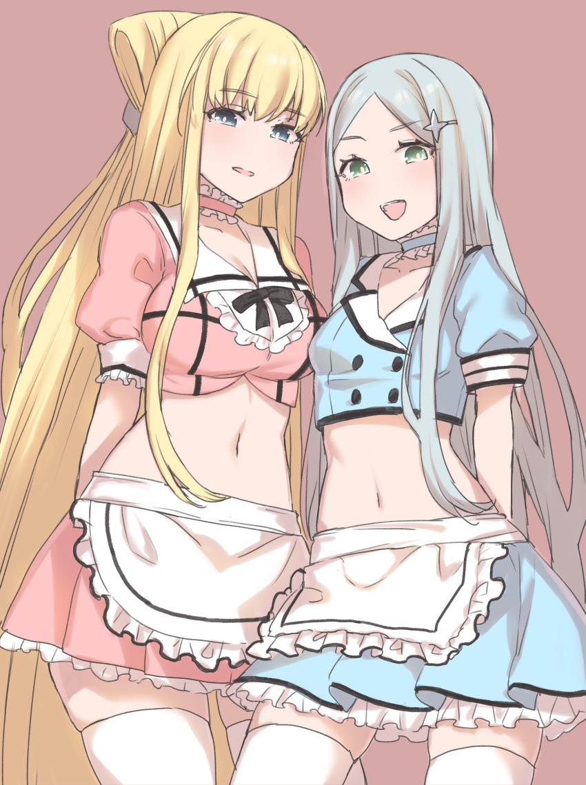 2girls :d absurdly_long_hair aleister_crowley_(to_aru_majutsu_no_index) anoshabu apron arms_behind_back bangs blonde_hair blue_eyes blue_jacket blue_skirt blush breasts canon_genderswap choker cowboy_shot cropped_jacket father_and_daughter frilled_apron frilled_choker frilled_skirt frills genderswap genderswap_(mtf) green_eyes highres jacket large_breasts laura_stuart long_hair looking_at_viewer looking_down male_to_female medium_breasts midriff miniskirt multiple_girls navel open_mouth parted_bangs pink_background pink_jacket pink_skirt pleated_skirt puffy_short_sleeves puffy_sleeves short_sleeves sidelocks silver_hair simple_background skindentation skirt smile thighhighs to_aru_majutsu_no_index to_aru_majutsu_no_index:_new_testament uniform very_long_hair waitress white_legwear zettai_ryouiki