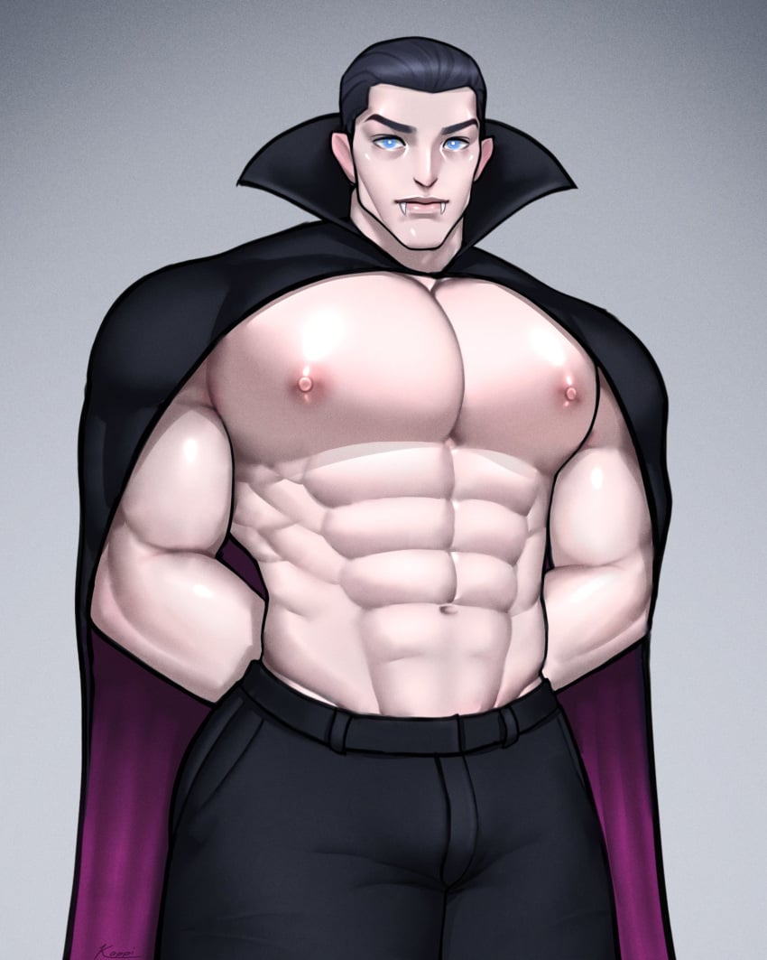 abs biceps big_arms big_biceps big_pecs blue_eyes bodybuilder broad_shoulders bulge cape classy curvy dad_bod dilf dracula_(hotel_transylvania) eight_pack external_oblique fangs hands_behind_back hip_lines hotel_transylvania huge_pecs kappibara light_blue_eyes looking_at_viewer male male_nipples male_only mantle muscles muscular muscular_male oblique_edge pants pecs serratus_anterior shirtless_male sleek_back solo solo_male standing stomach_lines suit topless vampire wide_shoulders