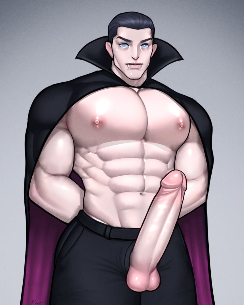 1boy abs balls ballsack big_penis black_hair blue_eyes boner cape dilf dracula_(hotel_transylvania) erect_penis erection fangs foreskin foreskin_folds gay hard_on hotel_transylvania huge_cock humanoid humanoid_penis intact kappibara looking_at_viewer male male_nipples male_only muscles muscular_male pecs penis penis_out retracted_foreskin scrotum shirtless_male smooth_penis smooth_skinned_male solo testicles uncut unzipped_pants vampire