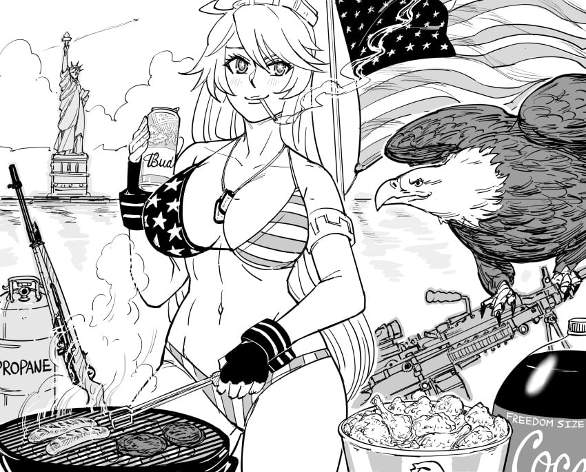 1girls 4th_of_july america american_eagle american_flag american_flag_bikini bald_eagle bb_(baalbuddy) beer breasts bud_light budweiser burger cleavage coca-cola cooking female female_only fit fit_female fried_chicken gloves grill gun human human_only iowa_(kantai_collection) kantai_collection kfc large_breasts light-skinned_female light_skin long_hair m249 machine_gun meat midriff monochrome national_personification navel propane propane_tank sausage smoking smoking_cigarette soda solo statue_of_liberty