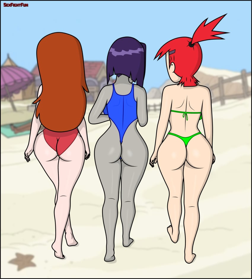 ass back_view beach bikini blue_swimsuit brown_hair crossover dc dc_comics foster's_home_for_imaginary_friends frankie_foster goth goth_girl gravity_falls green_bikini pink_swimsuit rachel_roth raven_(dc) red_hair sand sexfightfun smooth_skin swimsuit teen_titans violet_hair walking wendy_corduroy yuri