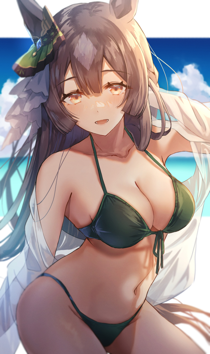 beach blur breasts horse_girl satono_diamond_(umamusume) swimsuit umamusume