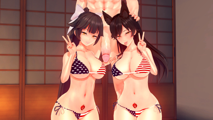 1boy 2girls 3d american_flag_bikini atago_(azur_lane) azur_lane big_breasts big_cock big_penis bikini black_hair cock cock_worship ffm_threesome fox_ears gold_eyes heart_tattoo huge_cock huge_penis indoors koikatsu light-skinned_female light-skinned_male light_skin looking_at_viewer peace_sign penis ponytail posing_with_dick posing_with_penis pubic_tattoo queen_of_hearts sisters takao_(azur_lane) tattoo thick_penis threesome tongue tongue_out v_sign white-skinned_male white_male white_penis wink