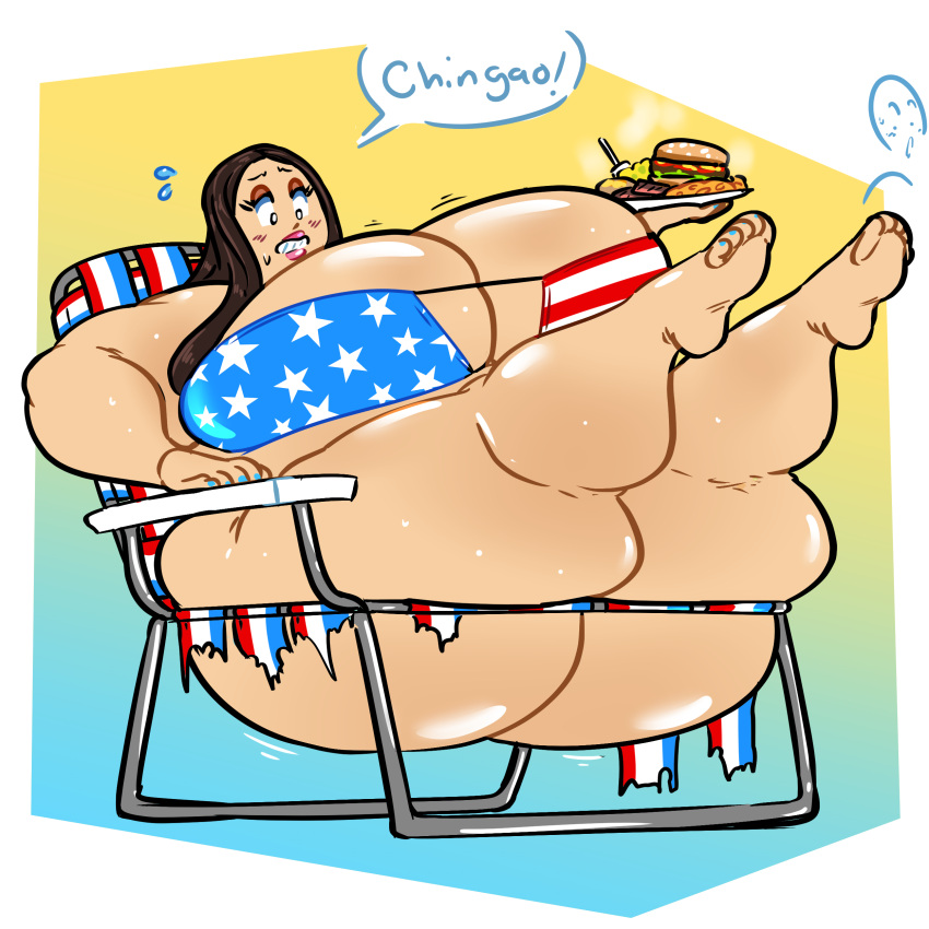 1girls absurd_res accidental_circumstance accidentally_stuck american_flag american_flag_bikini barefoot bbw big_lips blush breasts broken_chair brown_hair chair fat fat_woman female food gammanaut hi_res highres huge_ass huge_breasts large_ass large_breasts latina lawn_chair long_hair mexican obese obese_female solo ssbbw stuck stuck_in_chair stuck_in_object thick_thighs