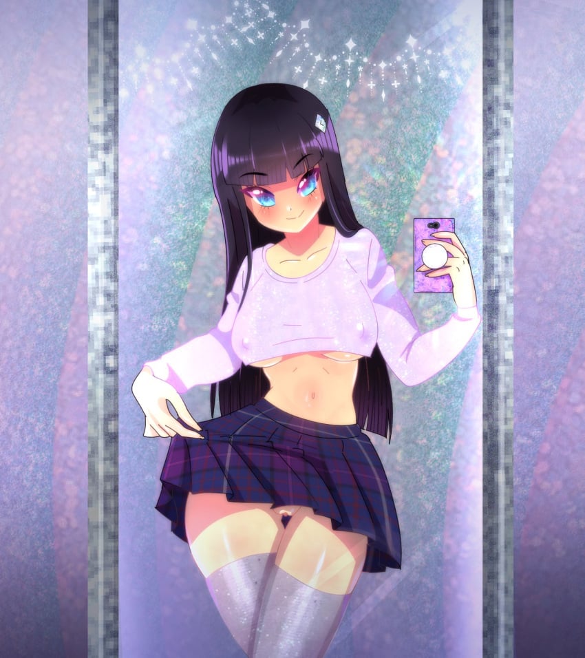 1girls blue_eyes cellphone clothed crop_top female female_only flashing flashing_pussy hime_cut jadey_(pureschiinachan) large_breasts long_hair looking_at_viewer mirror_selfie navel nipples_visible_through_clothing no_bra no_panties original_character plaid_skirt pureschiinachan purple_hair pussy skirt skirt_lift smile solo stockings underboob zettai_ryouiki