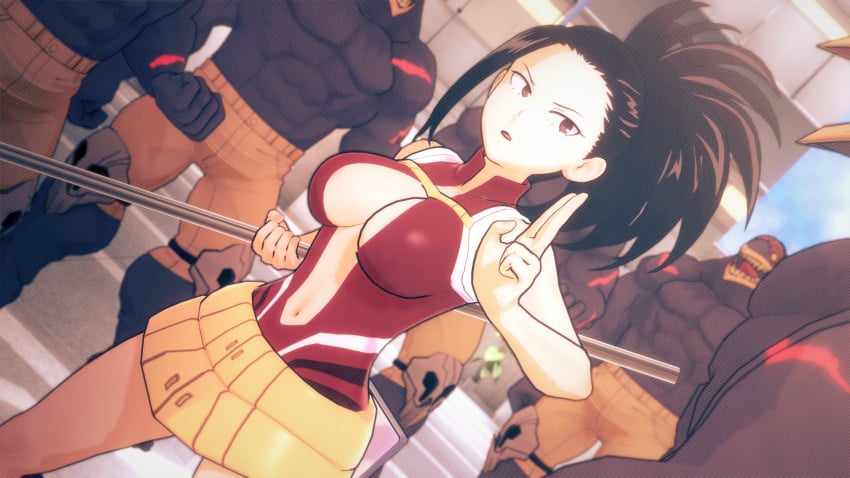 1girls 3d 3d_(artwork) angry big_breasts biyo black_hair breasts clothed clothed_female fight guss hero_outfit_(mha) heroine heroine_in_trouble imminent_rape imminent_sex koikatsu momo_yaoyorozu monster multiple_boys my_hero_academia nomu stick superheroine usj_nomu