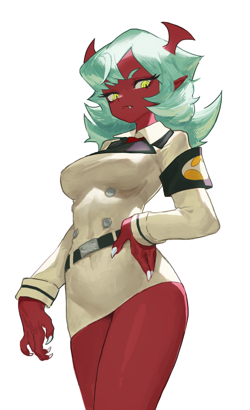 1girls bangs big_breasts bori_diary breasts clothing cropped_legs daemon demon female panty_&_stocking_with_garterbelt red_skin scanty_daemon thighs thighs_together turquoise_eyebrows turquoise_hair yellow_eyes