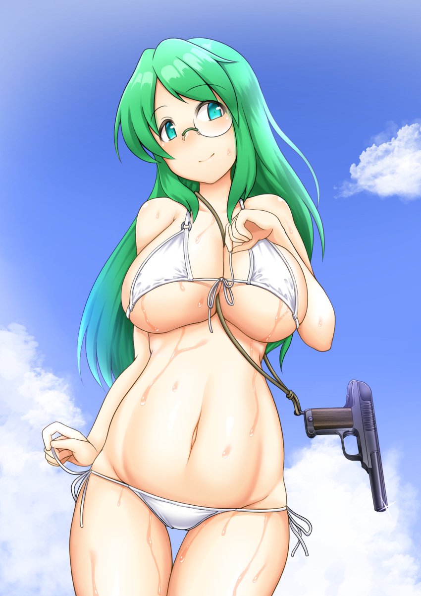 arm_at_side belly bikini blue_eyes breasts cleavage cloud commentary_request cowboy_shot dead_people female female front-tie_bikini front-tie_top glasses green_hair gun handgun highres large_breasts long_hair monocle navel original outdoors side-tie_bikini sidelocks sky solo swimsuit thighs untying weapon weapon_request wet wet_clothes white_bikini