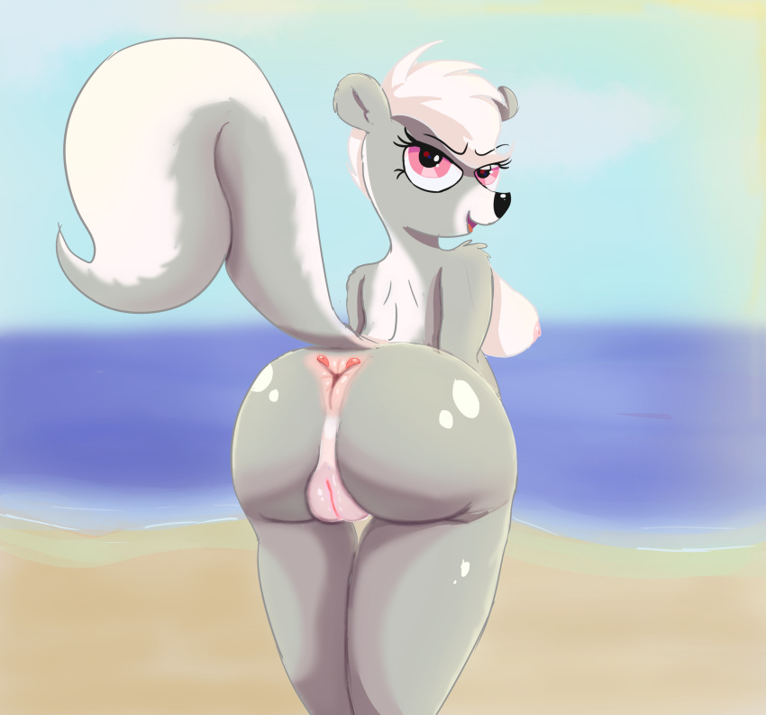 absurd_res anal_glands anonymous_artist anthro anus ass beach big_breasts big_butt breasts female fur genitals grey_body grey_fur hair hasbro hi_res huge_butt littlest_pet_shop looking_at_viewer looking_back mammal mephitid nipples nude open_mouth outside pepper_clark pink_eyes pussy raised_tail sand scent_gland seaside skunk solo water white_hair