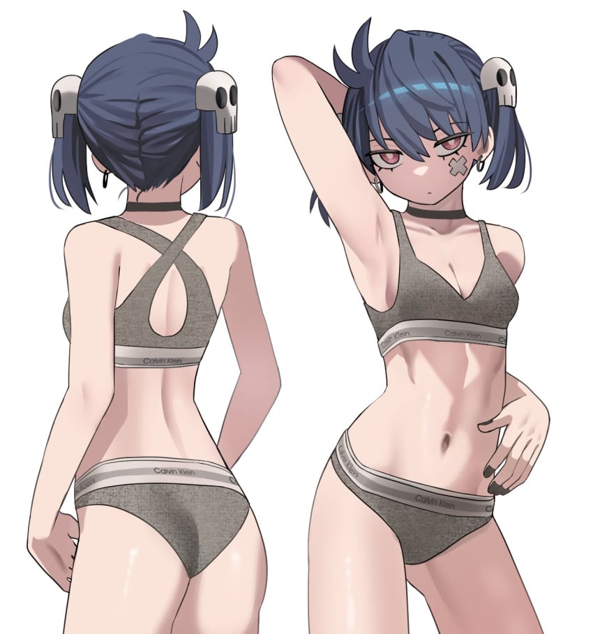 1girls armpits ass blue_hair bra breasts calvin_klein choker earrings female grey_bra grey_panties hair_ornament ji-yoon jourd4n looking_at_viewer multiple_poses one_arm_up original original_character painted_nails panties pink_eyes short_hair skull skull_hair_ornament small_breasts solo standing twintails underwear