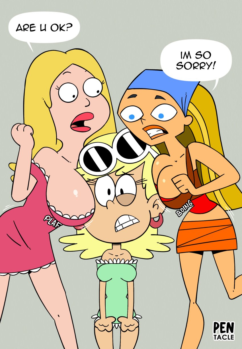 3girls accurate_art_style american_dad blonde_female boobs_on_head crossover embarrassed francine_smith leni_loud lindsay_(tdi) milf multiple_girls older_female pentacle_(artist) the_loud_house thin_female total_drama_island younger_female