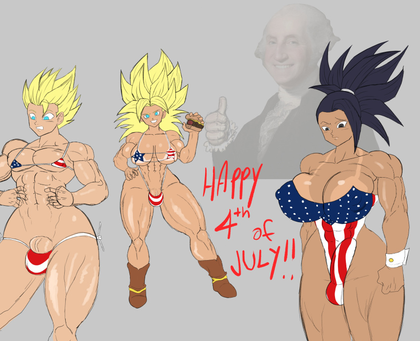 1boy 2futas 4th_of_july ambush_(trap) american_flag american_flag_bikini balls big_ass big_breasts black_eyes black_hair both_sexes_in_same_situation bulge cabba caulifla clothed clothing dra dragon_ball dragon_ball_super female_saiyan femboy flaccid futanari george_washington human kale light-skinned_futanari light-skinned_male light_skin monkeypeen mostly_nude muscular penis saiyan standing super_saiyan tan tan-skinned_futanari tan_skin tanline universe_6 universe_6/universe_7