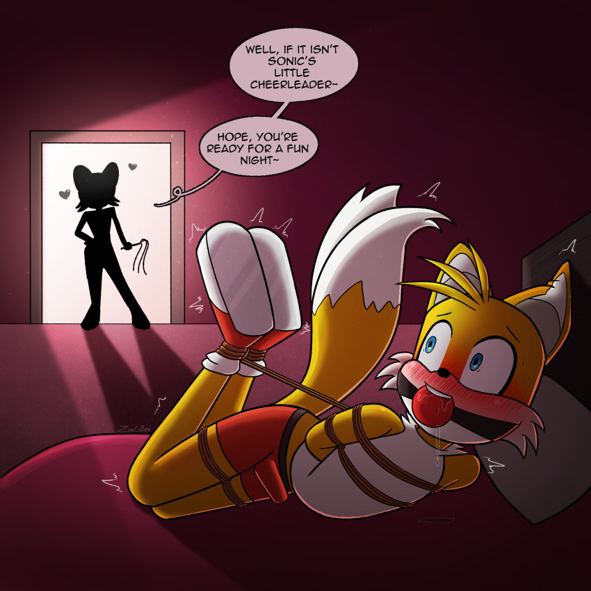 1:1 1boy1girl 2_tails anthro ball_gag bed blush bondage bound canid canine chiropteran clothed clothing dialogue dominant dominant_female duo english_text erection erection_under_clothing female femdom fox furniture gag heart hi_res male malesub mammal multi_tail restraints rope rouge_the_bat sega sonic_(series) sonic_the_hedgehog_(series) straight straight_hair submissive_male tails text underwear whip zeecibee