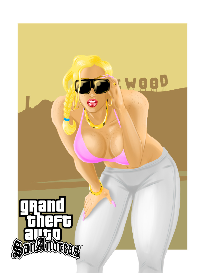 bare_shoulders blonde_hair bracelet cleavage erect_nipples female_only femsub grand_theft_auto grand_theft_auto:_san_andreas huge_breasts leggings logo long_hair maijin-kakarroto navel open_mouth posing ring rochell’le solo sunglasses text traced