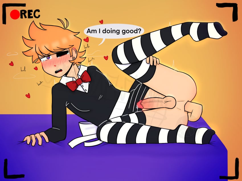 edd_(eddsworld) eddsworld floating_penis fusion gay maid_outfit matt_(eddsworld) orange_background purple_bed recording thighhighs tom_(eddsworld) tord_(eddsworld)