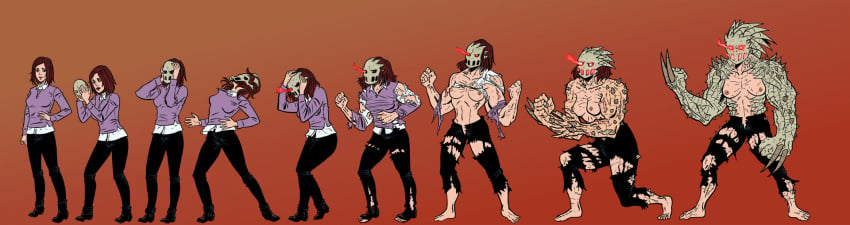 1girls biscuitkris black_legwear breasts brown_hair claws clothing corruption female identity_death knees_together_feet_apart legs_together mask mask_transformation masked masked_female monster monsterification muscle_growth nipples open_mouth possession shirt short_hair splatterhouse spread_legs thick_thighs thigh_expansion torn_clothes transformation transformation_sequence white_shirt