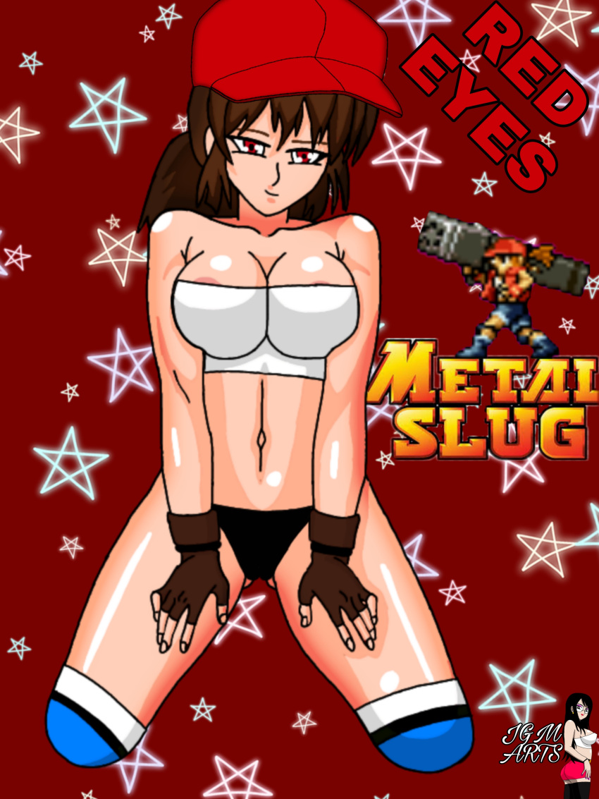 black_panties breasts brown_hair female gloves jgm_arts metal_slug military military_hat military_uniform red_eye_(metal_slug) red_eyes shirt snk video_game_character video_games