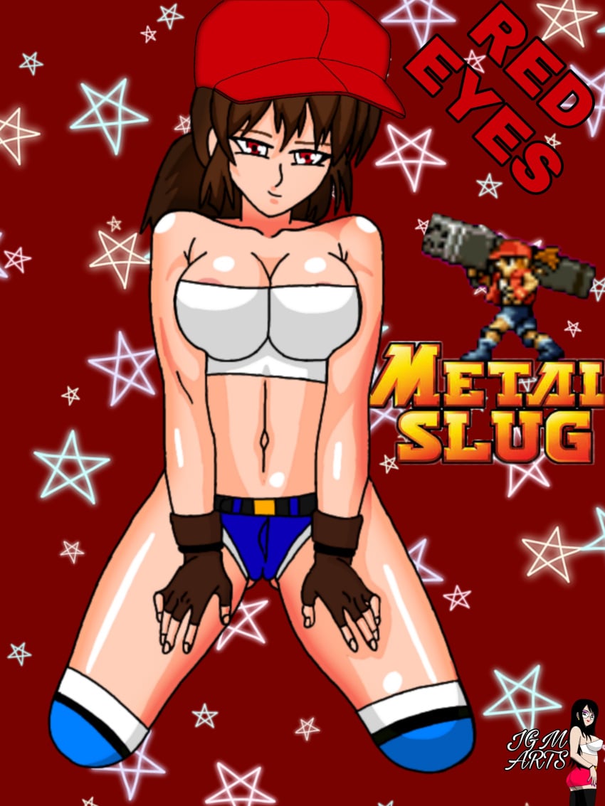 breasts brown_hair female gloves jgm_arts metal_slug military military_hat military_uniform red_eye_(metal_slug) red_eyes shirt shorts snk video_game_character video_games