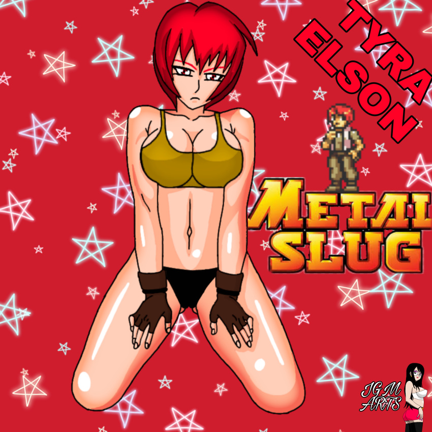 black_panties breasts female gloves jgm_arts metal_slug military military_uniform no_pants red_eyes red_hair shirt short_hair snk tyra_elson video_game_character video_games