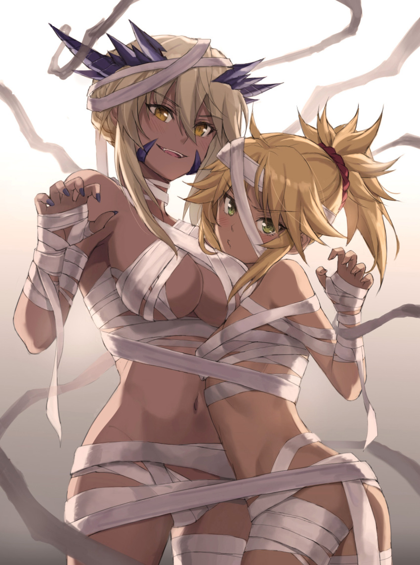 2girls artoria_pendragon artoria_pendragon_(fate) artoria_pendragon_(lancer)_(fate) artoria_pendragon_(lancer_alter) ass bandage bandage_on_face bandaged_arm bandaged_chest bandaged_head bandaged_leg bandages bangs bare_shoulders belly belly_button black_nails blonde blonde_eyebrows blonde_female blonde_hair blonde_hair_female breasts claw_pose clawed_fingers claws covered_breasts covered_nipples dark-skinned_female dark_skin eyebrows_visible_through_hair fate/apocrypha fate/grand_order fate/stay_night fate_(series) female female_only green_eyes hair_between_eyes hair_ornament hair_scrunchie human large_breasts looking_at_viewer mordred_(fate) mordred_(fate/apocrypha) mother_and_daughter multiple_girls mummy_costume nail_polish navel nipples no_bra pout saber scrunchie small_breasts teeth teeth_showing tonee underboob upper_teeth white_background wrappings yellow_eyes