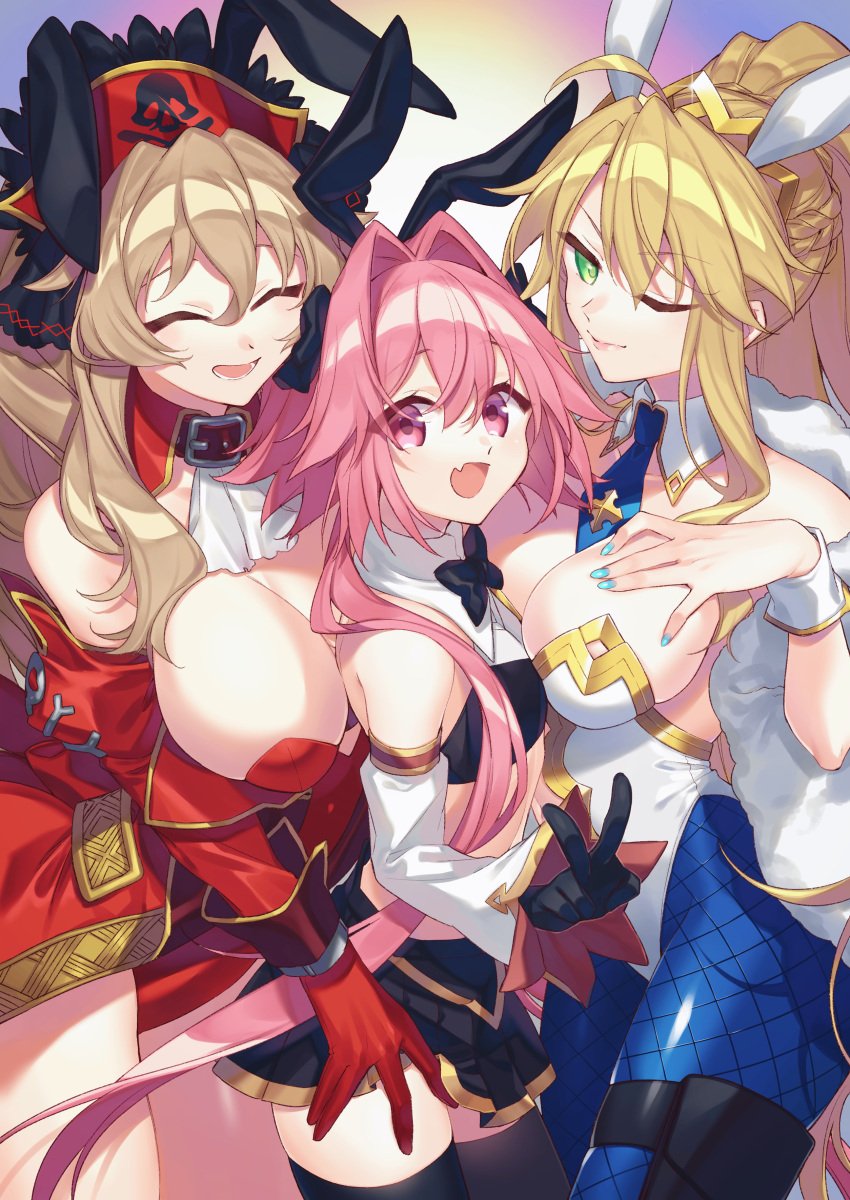 1boy 2020 2girls :d ^_^ absurd_res ahoge animal_ears anne_bonny_(fate/grand_order) anne_bonny_(swimsuit_archer)_(fate) artoria_pendragon artoria_pendragon_(lancer) artoria_pendragon_(swimsuit_ruler) astolfo_(fate) astolfo_(saber)_(fate) bare_shoulders black_gloves blonde_hair blue_nails bow bowtie breast_suppress breasts brown_hair bunny_boy bunny_ears bunny_girl bunnysuit citron_82 cleavage closed_eyes clothed clothing collar crop_top crossdressing detached_collar detached_sleeves elbow_gloves eyebrows_visible_through_hair fake_animal_ears fangs fate/grand_order fate_(series) feather_boa feathers female femboy fishnet_pantyhose fishnets girl_sandwich gloves green_eyes hair_between_eyes hand_on_chest hand_on_thigh highres jewelry large_breasts long_hair long_ponytail looking_at_viewer male matching_hair/eyes midriff miniskirt multiple_girls nail_polish necktie one_eye_closed open_mouth pantyhose pink_eyes pink_hair pirate_hat pleated_skirt ponytail red_gloves revealing_clothes sandwiched shirt skirt sleeveless sleeveless_shirt smile standing teeth thick_thighs thighhighs thighs tiara tied_hair tongue trap v very_long_hair wink wrist_cuffs zettai_ryouiki