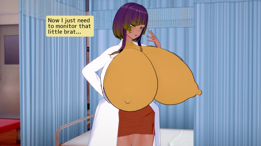 3d big_lips breasts_bigger_than_head bursting_breasts caption cat_eyes cleavage comic dark-skinned_female emotioncreator gideonlover huge_breasts hyper_breasts illusion_soft infirmary massive_breasts nipple_bulge nipples_visible_through_clothing purple_hair scientist