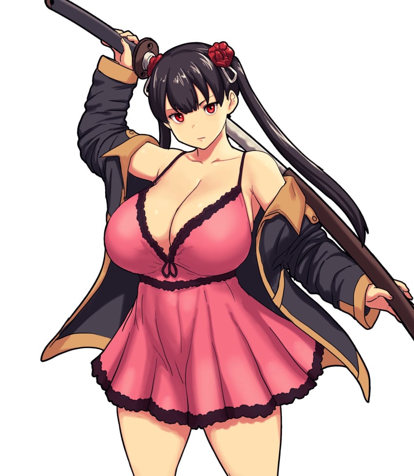 1girls bangs bare_shoulders black_hair black_jacket black_sheath breasts bursting_breasts cleavage collarbone covered_breasts cowboy_shot dress enormous_breasts errorkazoo female female_only flower flower_hair_ornament hair_flower hair_ornament hi_res high_resolution highres holding holding_sword holding_weapon huge_breasts jacket long_hair long_sleeves long_twintails looking_at_viewer massive_breasts original original_character pink_dress pulling_sword red_eyes red_flower scabbard serious shadow simple_background solo strap_dress sword sword_sheath twintails unsheathing v-shaped_eyebrows weapon white_background yukihana_(errorkazoo)