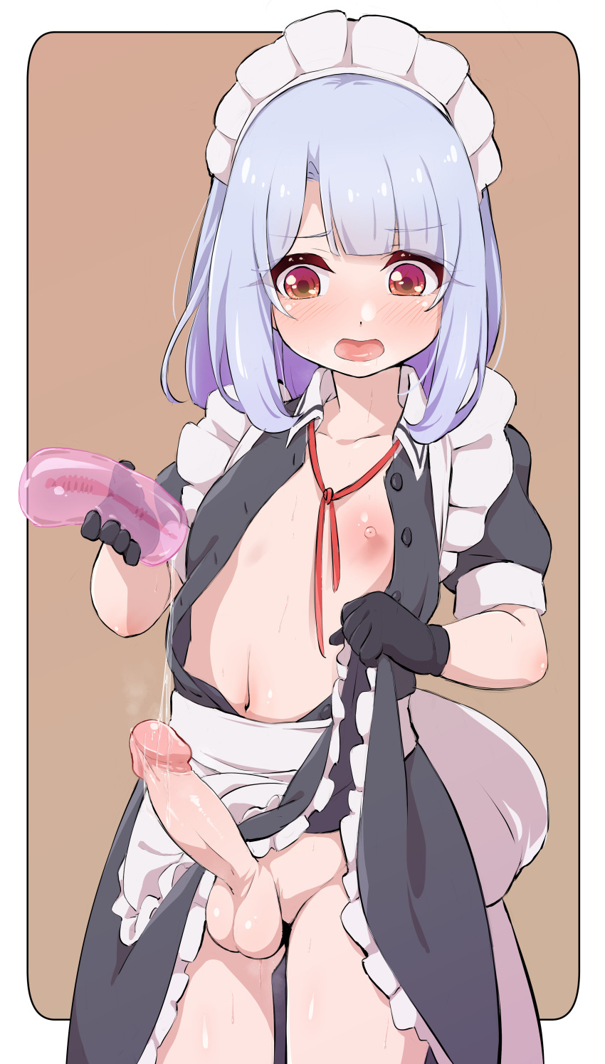 1futa areolae artificial_vagina balls bangs big_penis blue_hair blush clothed clothing cum_string dress dress_lift erection flat_chest futa_only futanari human kujya lavender_hair light-skinned_futanari light_skin long_hair maid maid_headdress maid_uniform nipples no_panties onahole partially_clothed penis saliva solo standing testicles unbuttoned_dress