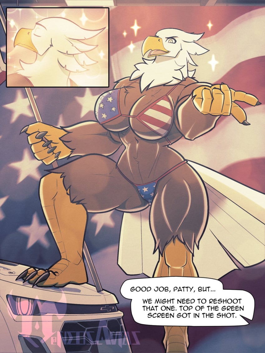 american_eagle american_flag american_flag_bikini anthro big_breasts bikini breasts eagle english_text feathers female furry large_breasts neosavias sharp_claws swimsuit tagme thighs