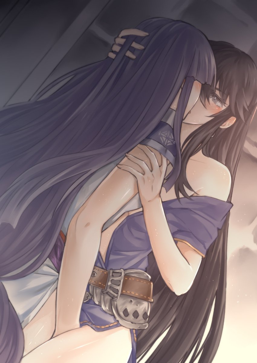 2girls altina_(fire_emblem) ayra_(fire_emblem) bai_lao_shu bare_shoulders bare_thighs black_eyes black_hair breasts female female_only fingering fingering_partner fire_emblem fire_emblem:_genealogy_of_the_holy_war fire_emblem:_radiant_dawn hand_on_head kiss kissing long_hair multiple_girls nintendo off_shoulder purple_hair sex shoulders small_breasts thighs vaginal very_long_hair yuri