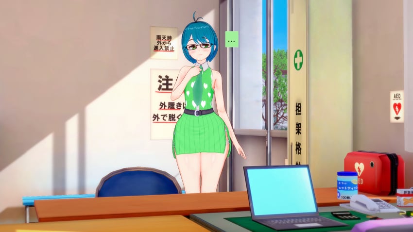 1boy ahoge alternate_version_available ass belt big_ass blue_hair bottom_heavy bubble_butt desk eastern_style emotioncreator femboy front_view gideonlover glasses green_skirt huge_ass illusion_soft infirmary laptop medium_hair megane side_slit