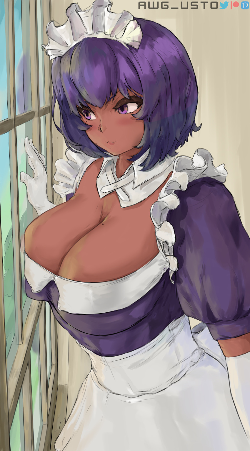 awg_usto cleavage dark-skinned_female dark_skin gloves lilith_(saikin_yatotta_maid_ga_ayashii) maid maid_uniform purple_eyes purple_hair saikin_yatotta_maid_ga_ayashii 最近雇ったメイドが怪しい