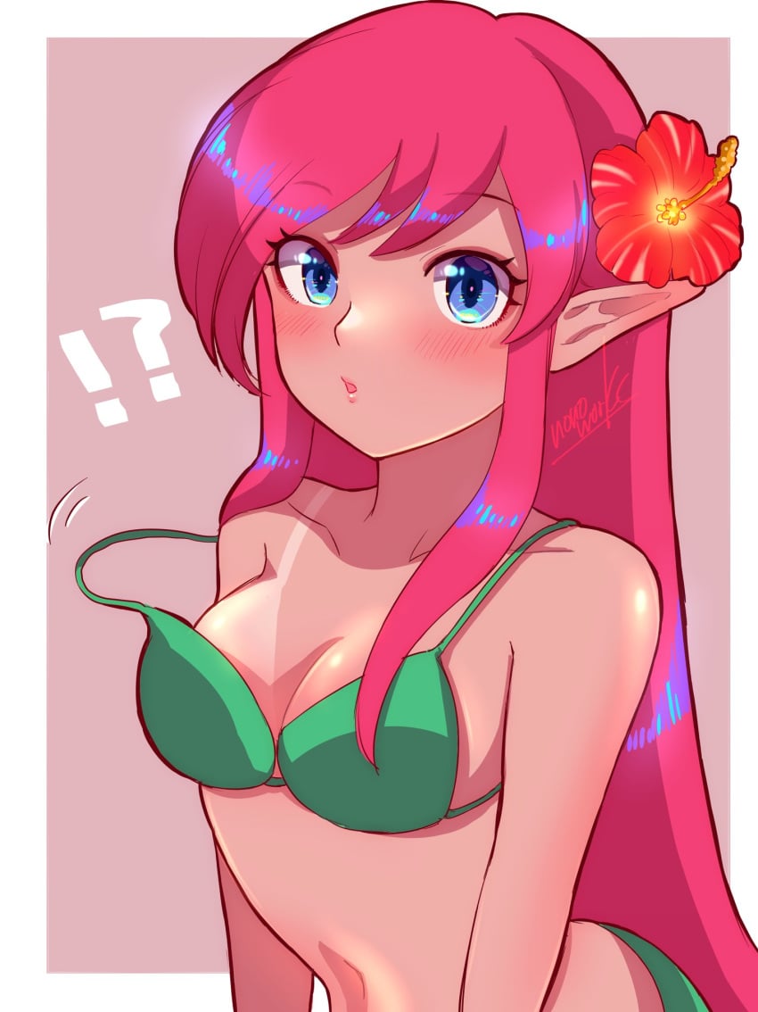 !? 1girls bikini blue_eyes blush female flower_in_hair green_bikini highres hylian hylian_ears link link_(shounen_captain) long_hair nintendo nonoworks off_shoulder pink_hair pointy_ears rule_63 small_breasts solo tagme tanline the_legend_of_zelda