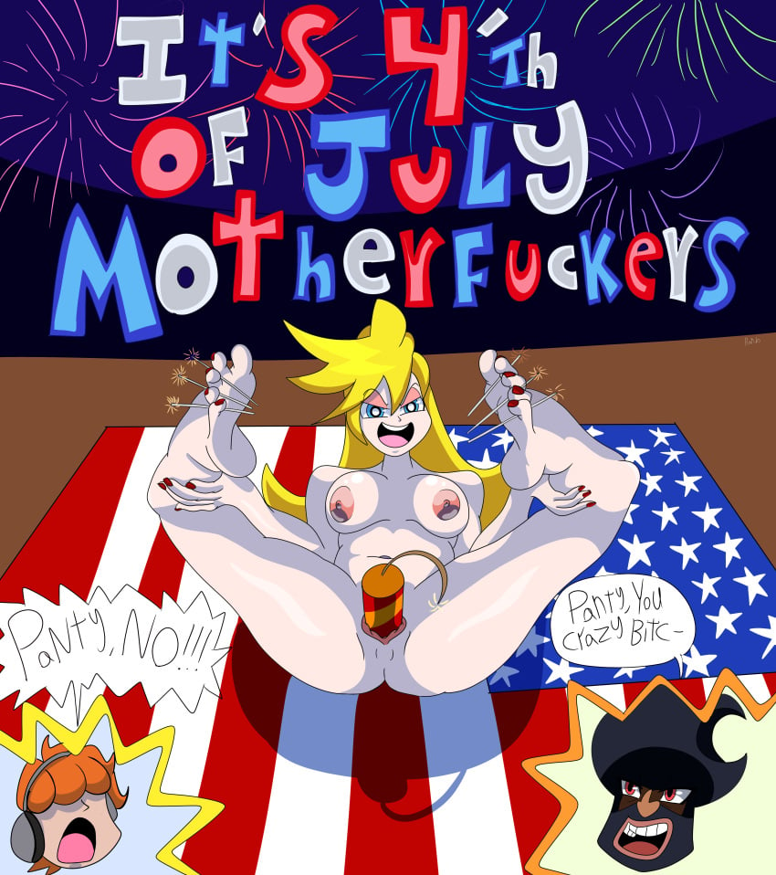 4th_of_july american_flag angel blonde_female blue_eyes breasts breasts_out brief eyeshadow fireworks garterbelt_(psg) hair_between_eyes naked panty_&_stocking_with_garterbelt panty_anarchy text yellow_hair