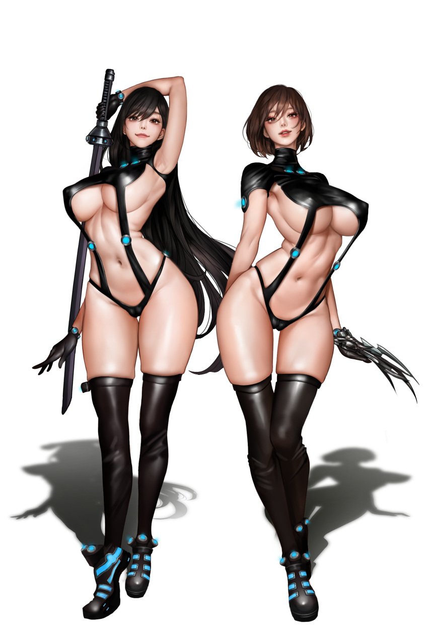 alternate_version_available arm_up armpit big_breasts black_gloves black_hair black_legwear black_thighhighs bodysuit brown_eyes brown_hair cameltoe cleavage curvy female female_only full_body fully_clothed gantz gantz_suit gloves hourglass_figure kangagi97 katana latex latex_gloves latex_suit latex_thighhighs long_hair looking_at_viewer realistic revealing_clothes shimohira_reika short_hair skimpy_clothes skin_tight smile standing suspenders sword thick_thighs thighhighs thin_waist underboob weapon wide_hips yamasaki_anzu zettai_ryouiki