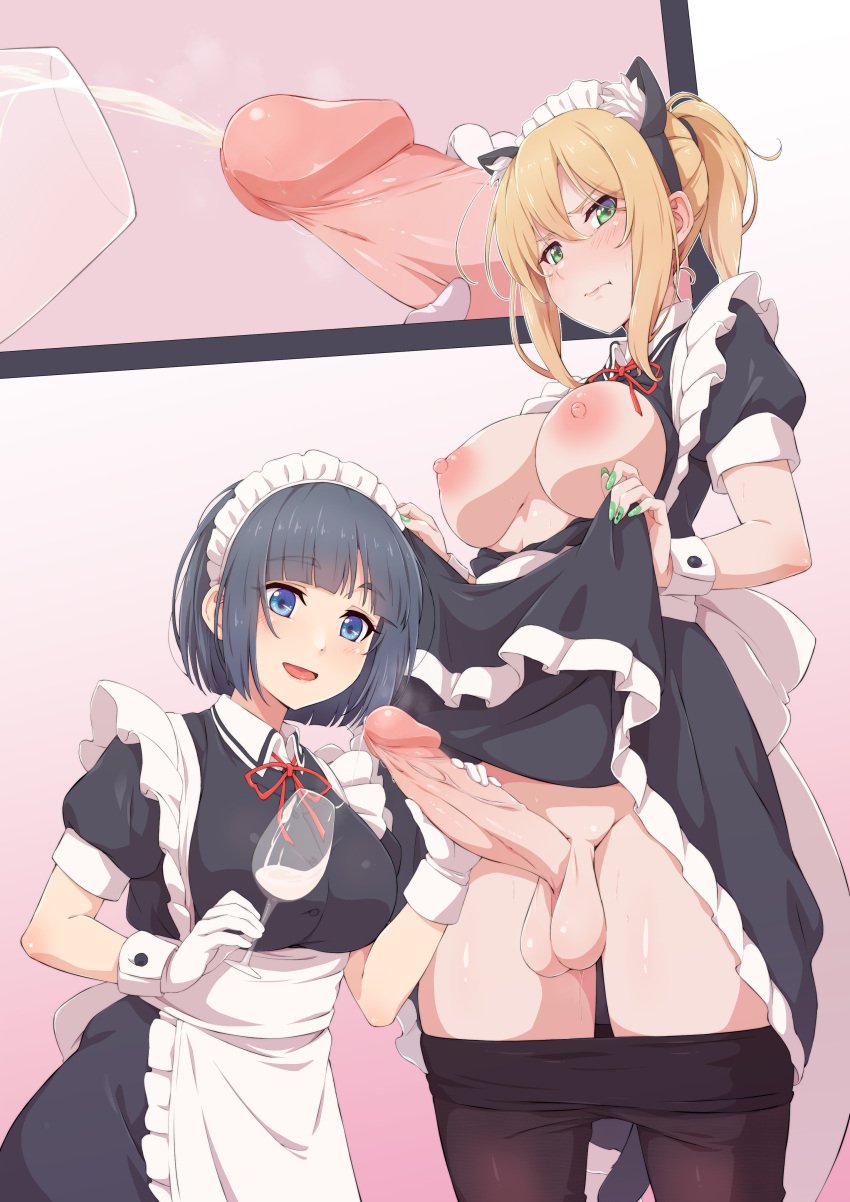 1futa 1girls apron balls big_breasts big_penis black_dress black_legwear blonde_hair blue_eyes blue_hair breasts breasts_out closed_mouth clothed clothes_lift clothes_pull clothing cum cum_in_container cum_in_cup cup decensored dress dress_lift drinking_glass duo ejaculation erection eyebrows_visible_through_hair female fingernails fully_clothed futa_on_female futa_with_female futanari gloves green_eyes green_nails hair_between_eyes handjob highres human kujya large_breasts lifted_by_self light-skinned_female light-skinned_futanari light_skin long_fingernails looking_at_viewer maid maid_headdress mostly_clothed multiple_girls nail_polish nipples open_mouth original pantyhose pantyhose_pull penis projectile_cum puffy_short_sleeves puffy_sleeves short_hair short_sleeves standing testicles uncensored white_apron white_gloves wrist_cuffs