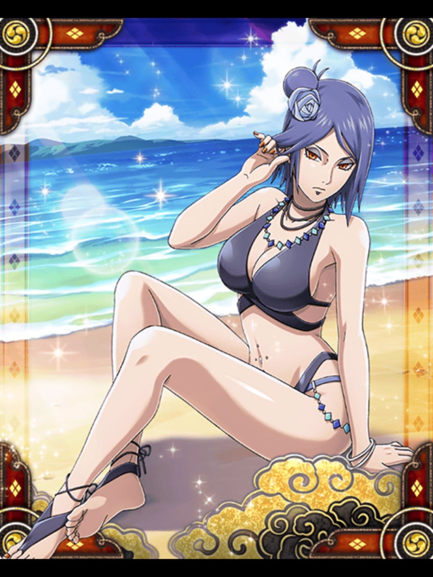 1girls arm_support artist_request barefoot big_ass big_breasts big_butt bikini blue_hair bracelets breasts cleavage feet female female_only flower hair_ornament hand_on_hair konan naruto navel navel_piercing necklace ocean orange_eyes ornament piercing sand side_bun sitting solo tied_hair toes water