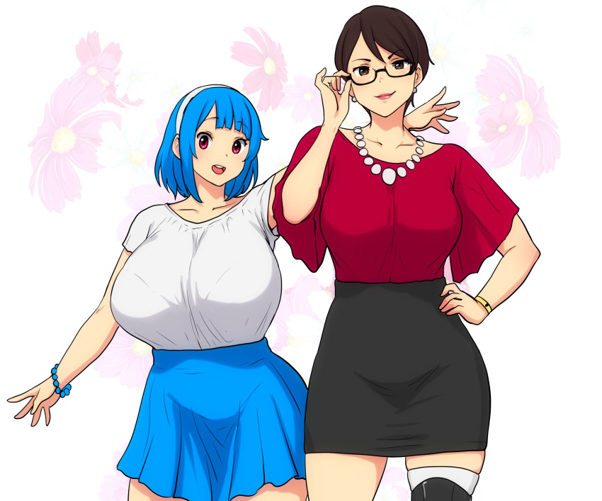 2girls adjusting_eyewear aunt aunt_and_niece ayumi_(errorkazoo) bakunyuu bangs bead_bracelet black-framed_eyewear black-framed_glasses black_glasses black_hair black_skirt blue_bracelet blue_hair blue_skirt blunt_bangs bra_visible_through_clothes bracelet breasts bursting_breasts cleavage collarbone covering_breasts cowboy_shot curvaceous earrings enormous_breasts erkazooya errorkazoo eyebrows_visible_through_hair eyeglasses family floral_background floral_print framed_eyewear fully_clothed hair_ornament hairband hand_on_hip height_difference hi_res high_resolution highres huge_breasts introduction jewelry looking_at_viewer massive_breasts multiple_females multiple_girls necklace niece older_female older_woman_and_younger_girl open_mouth original original_characters pleated_skirt red_eyes red_shirt rina_atherina rina_atherina_(errorkazoo) semi-rimless_eyewear semi-rimless_glasses shirt shirt_tucked_in short_hair short_sleeved_shirt short_sleeves skirt smile smiling_at_viewer standing top_heavy_breasts voluptuous white_background white_earrings white_hair_ornament white_hairband white_necklace white_shirt