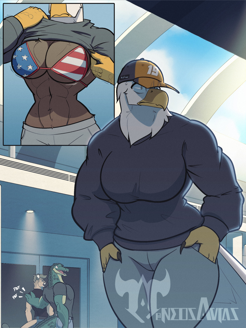 1girls 4th_of_july american_eagle american_flag_bikini anthro big_breasts breasts eagle female mewing neosavias tagme