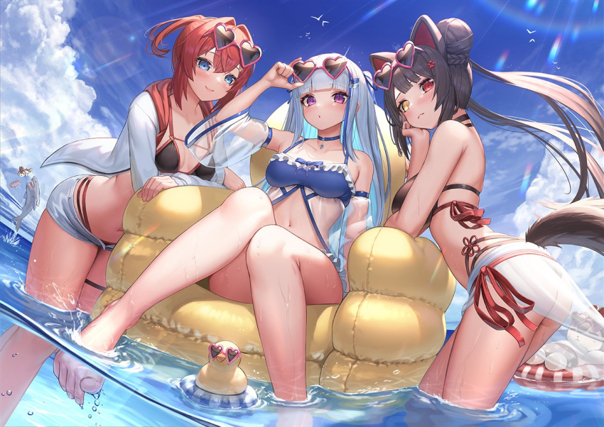 3girls ange_katrina animal_ears ass bangs bare_legs barefoot bikini bird black_bikini black_hair blue_bikini blue_choker blue_eyes blue_hair blue_ribbon blue_sky blunt_bangs blush braid breasts chick choker closed_mouth collarbone colored_inner_hair commentary_request day detached_sleeves eyewear_on_head female female_only hair_bun hair_ribbon heart heart-shaped_eyewear heterochromia inflatable_chair innertube inui_toko jacket lens_flare lize_helesta long_hair long_sleeves looking_at_viewer medium_breasts multicolored_hair multiple_girls navel nijisanji open_clothes open_jacket outdoors parted_lips purple_eyes red_eyes red_hair revision ribbon rubber_duck sarong sebastian_piyodore see-through see-through_sleeves shark shorts silver_hair single_hair_bun sitting sky small_breasts smile soaking_feet streaked_hair sunglasses suraimu_(suraimuraimu) swimsuit tagme tagme_(artist) tail thigh_strap two-tone_hair virtual_youtuber wading water wet yellow_eyes