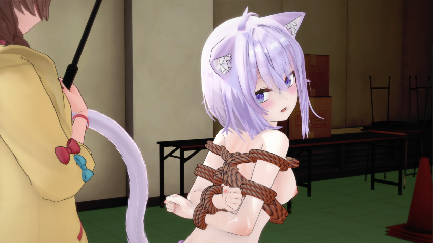 2girls 3d bondage breasts cat_ears cat_tail female holding_riding_crop hololive hololive_gamers hololive_japan inugami_korone nekomata_okayu nevadito_dulce nipples nude purple_eyes purple_hair riding_crop shibari_under_clothes short_hair tail virtual_youtuber