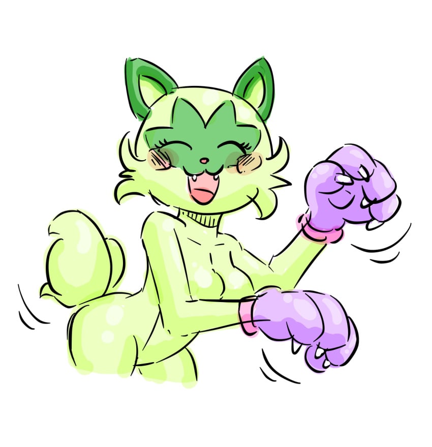 2022 anthro anthrofied blush breasts closed_eyes female fur furry furry_only grass_type kitten nintendo pokémon_(species) pokemon pokemon_sv solo sprigatito tail