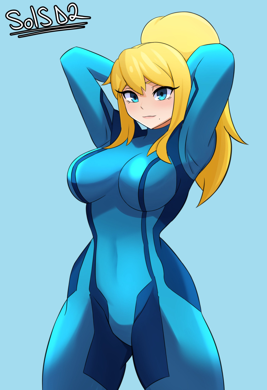 1girls blonde_hair blue_eyes bodysuit breasts female female_only hammer_of_solace looking_at_viewer metroid nintendo samus_aran signature sol-sama_d2 solo standing tagme zero_suit_samus