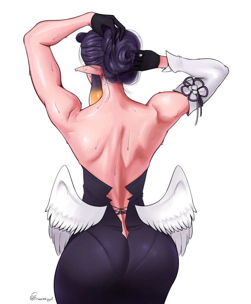 arms_behind_head arms_up ass back back_view backless_dress backless_outfit bare_back black_dress dress facing_away fraankyy from_behind gloves hololive hololive_english hololive_myth large_ass long_ears long_hair low_wings muscular muscular_female ninomae_ina'nis sketch sweat sweatdrop tight_clothing tight_dress tight_fit virtual_youtuber white_wings wide_hips wings