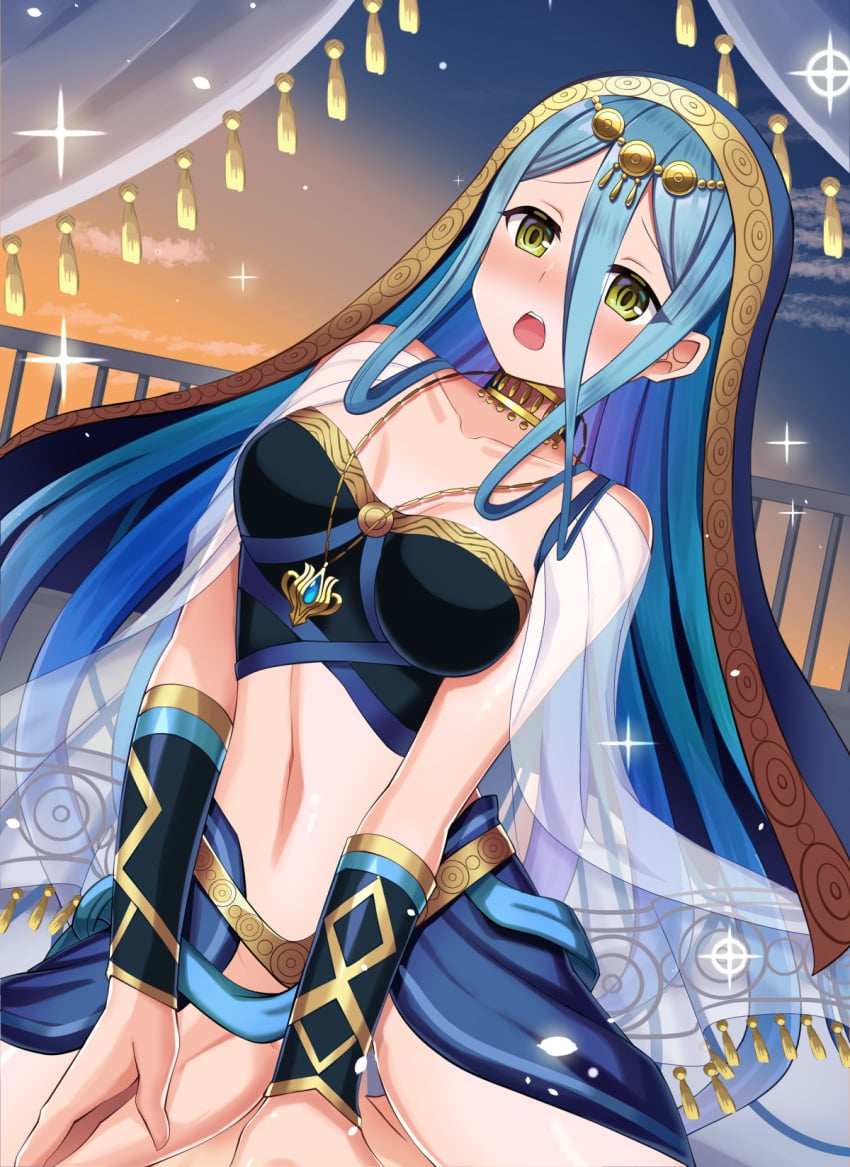 1boy 1girls alternate_costume azura_(fire_emblem) azura_(hatari)_(fire_emblem) balcony bare_midriff bare_shoulders bare_thighs blue_hair blush breasts collarbone cowgirl_position female female_focus fire_emblem fire_emblem_fates fire_emblem_heroes green_eyes hair_between_eyes light_blue_hair long_hair male midriff night nintendo official_alternate_costume open_mouth see-through sex shira_yu_ki shoulders small_breasts solo_focus sunset thighs vaginal_penetration veil very_long_hair yellow_eyes